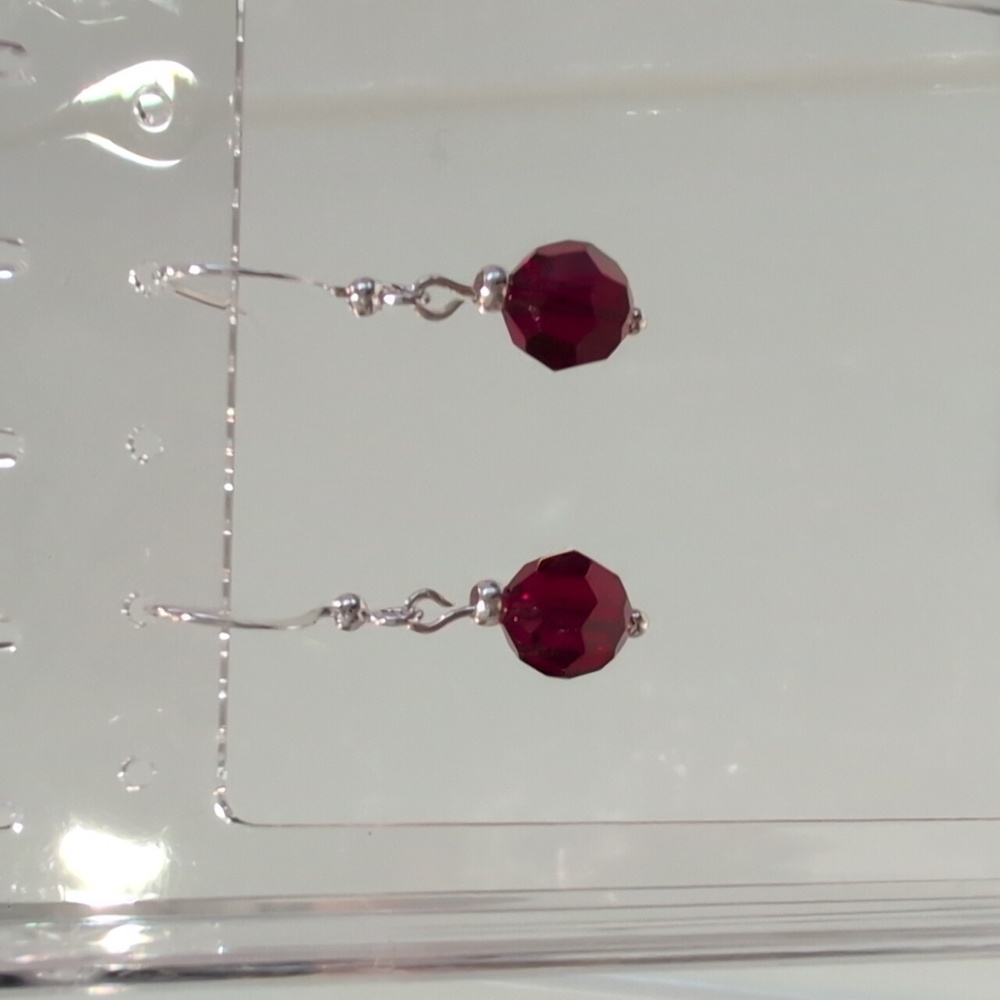 Handmade Deep Red Swarovski 8mm Crystal Dangle Earrings Silver Plated Posts